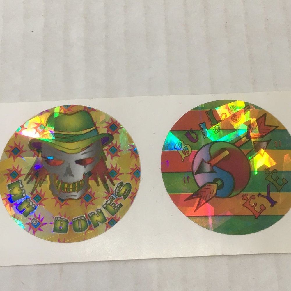 Vintage skull and bulls eye prismatic round stickers dem bones Mr. bones